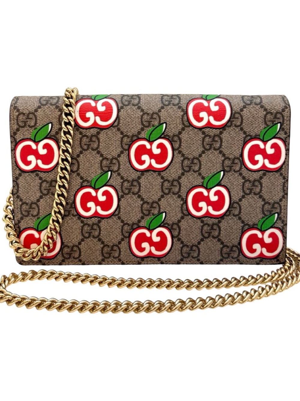Gucci GG Supreme Apple Print Chain Wallet - Brown/Red